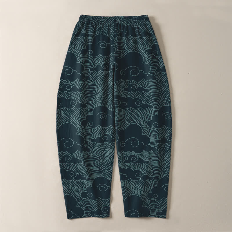 Buddha Stones Herrenhose aus reiner Baumwolle mit japanischem Wolkenwellenmuster, Kordelzug, schmal zulaufendem Schnitt und Taschen - image 14