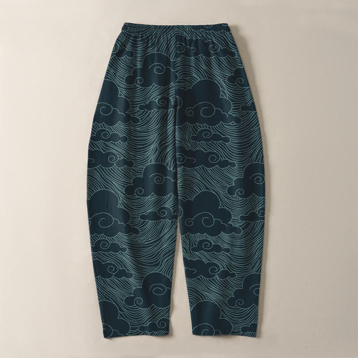 Buddha Stones Herrenhose aus reiner Baumwolle mit japanischem Wolkenwellenmuster, Kordelzug, schmal zulaufendem Schnitt und Taschen - image 14