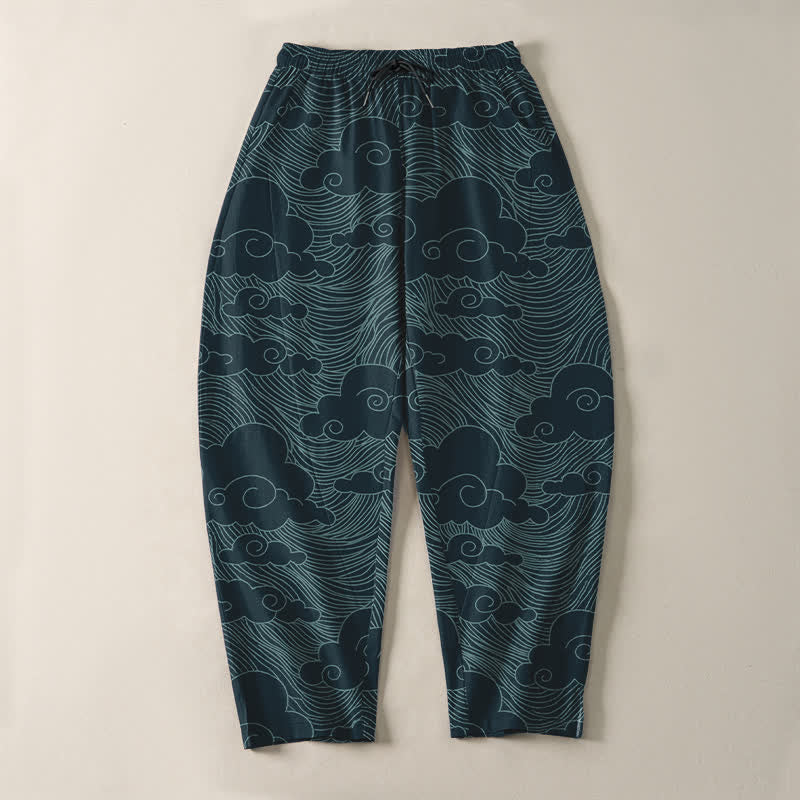 Buddha Stones Herrenhose aus reiner Baumwolle mit japanischem Wolkenwellenmuster, Kordelzug, schmal zulaufendem Schnitt und Taschen - image 13