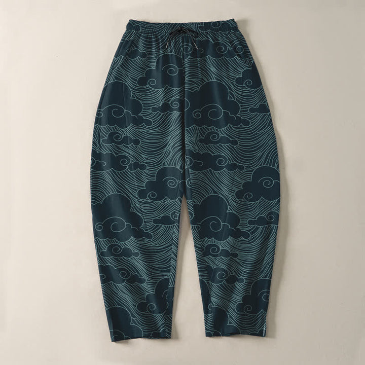 Buddha Stones Herrenhose aus reiner Baumwolle mit japanischem Wolkenwellenmuster, Kordelzug, schmal zulaufendem Schnitt und Taschen - image 13