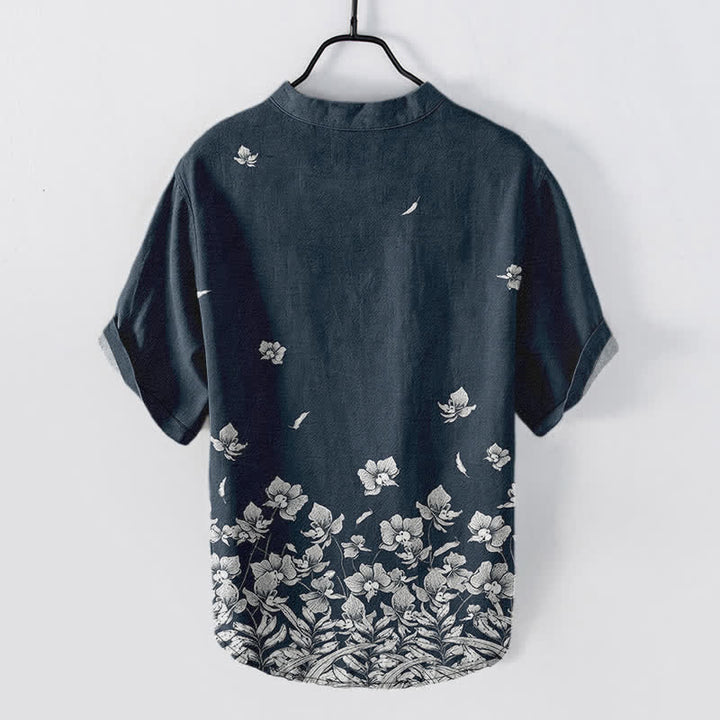 Buddha Stones Weißes Herrenhemd aus Baumwolle mit floralem Saummuster, kurzen Ärmeln und halber Knopfleiste - Marine - US/ UK/AU50, EU60 (5XL) - image 1