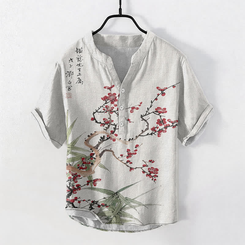 Buddha Stones Kurzarmhemd aus Baumwolle mit Pflaumenblüten- und Bambusmuster, Herren, halb geknöpft - Weiß - US/ UK/AU50, EU60 (5XL) - image 0