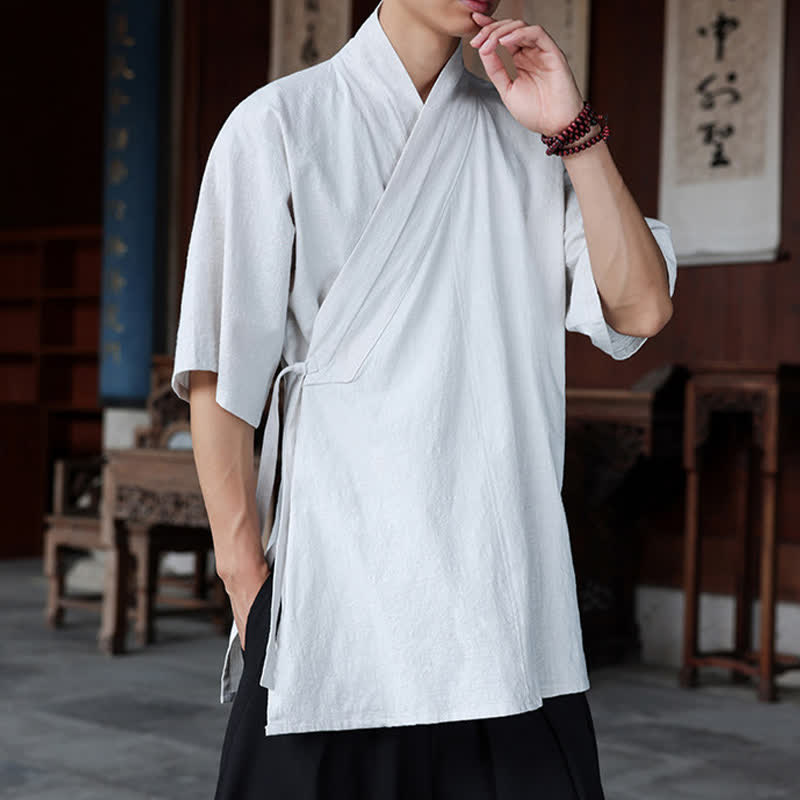 Buddha Stones Minimalistisches Kurzarmhemd im Sommer-Stil von Tang Style mit Seitenschlitz, V-Ausschnitt und Tasche für Herren. - image 29
