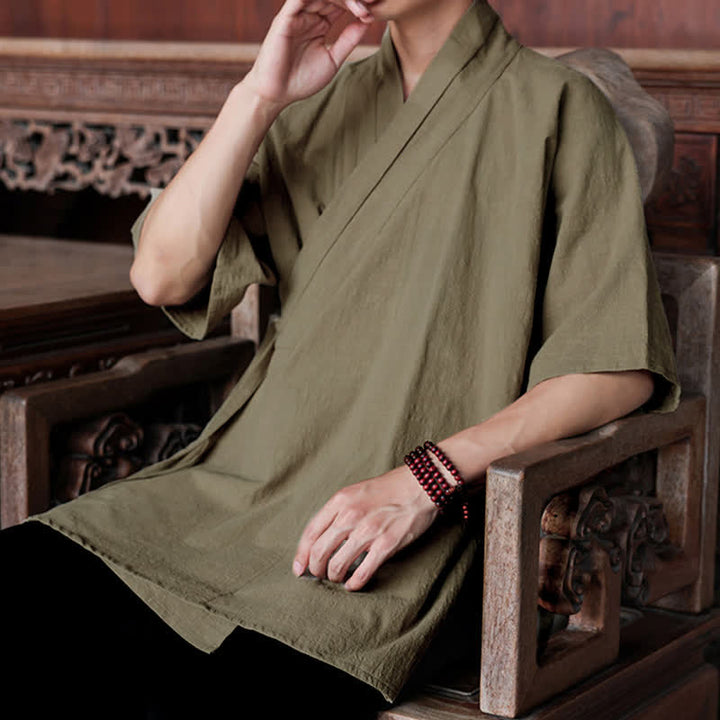 Buddha Stones Minimalistisches Kurzarmhemd im Sommer-Stil von Tang Style mit Seitenschlitz, V-Ausschnitt und Tasche für Herren. - image 23