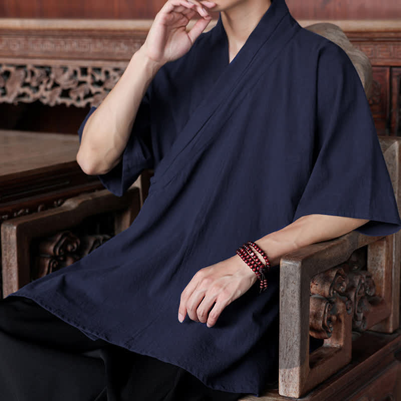 Buddha Stones Minimalistisches Kurzarmhemd im Sommer-Stil von Tang Style mit Seitenschlitz, V-Ausschnitt und Tasche für Herren. - image 8
