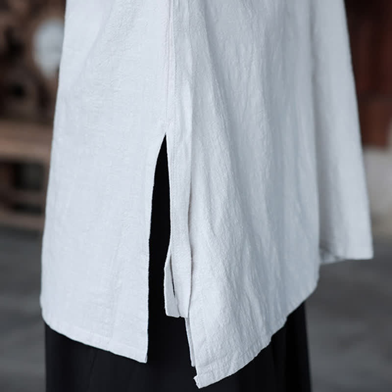 Buddha Stones Minimalistisches Kurzarmhemd im Sommer-Stil von Tang Style mit Seitenschlitz, V-Ausschnitt und Tasche für Herren. - image 35