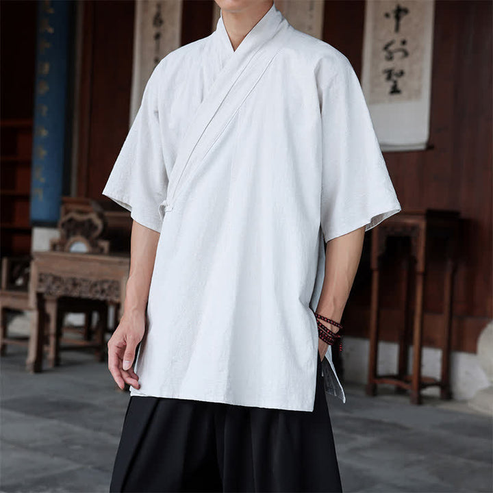 Buddha Stones Minimalistisches Kurzarmhemd im Sommer-Stil von Tang Style mit Seitenschlitz, V-Ausschnitt und Tasche für Herren. - image 28