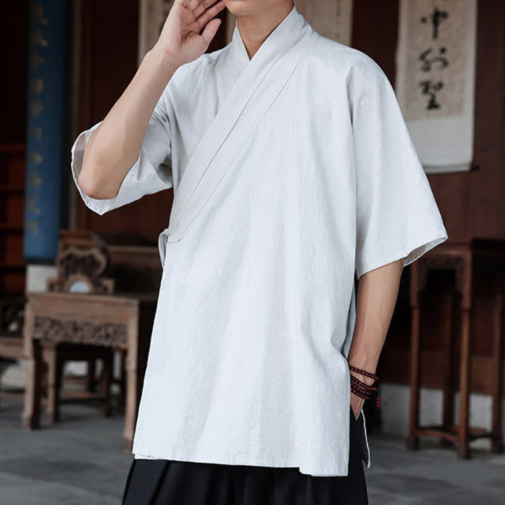 Buddha Stones Minimalistisches Kurzarmhemd im Sommer-Stil von Tang Style mit Seitenschlitz, V-Ausschnitt und Tasche für Herren. - image 26