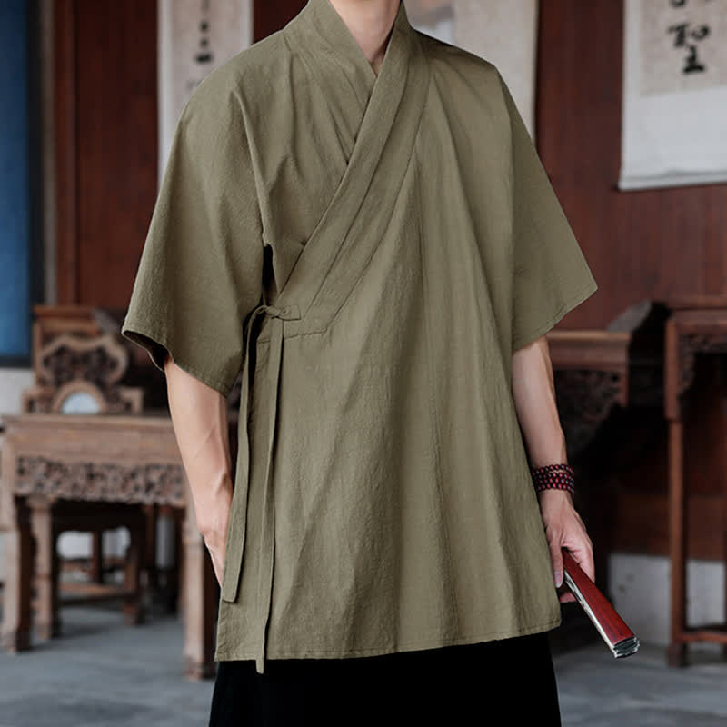 Buddha Stones Minimalistisches Kurzarmhemd im Sommer-Stil von Tang Style mit Seitenschlitz, V-Ausschnitt und Tasche für Herren. - image 17