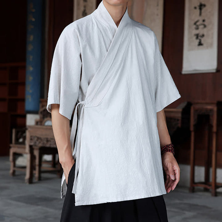Buddha Stones Minimalistisches Kurzarmhemd im Sommer-Stil von Tang Style mit Seitenschlitz, V-Ausschnitt und Tasche für Herren. - image 30