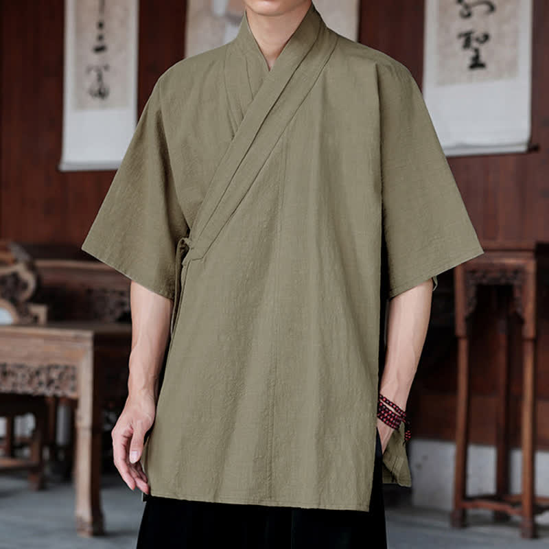 Buddha Stones Minimalistisches Kurzarmhemd im Sommer-Stil von Tang Style mit Seitenschlitz, V-Ausschnitt und Tasche für Herren. - image 18