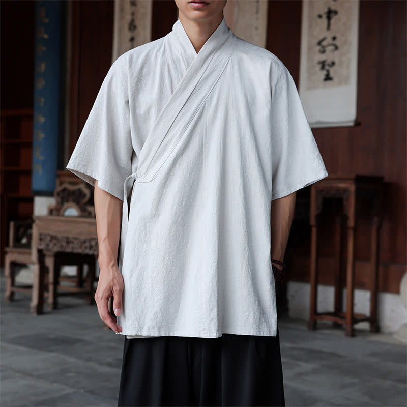 Buddha Stones Minimalistisches Kurzarmhemd im Sommer-Stil von Tang Style mit Seitenschlitz, V-Ausschnitt und Tasche für Herren. - Weißer Rauch - US/UK/AU46, EU56 (5XL) - image 24