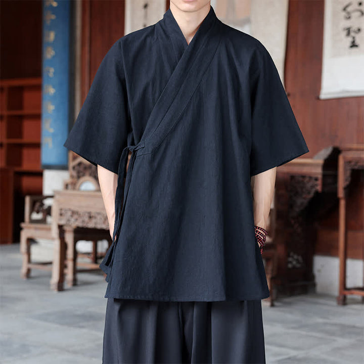 Buddha Stones Minimalistisches Kurzarmhemd im Sommer-Stil von Tang Style mit Seitenschlitz, V-Ausschnitt und Tasche für Herren. - Schwarz - US/UK/AU46, EU56 (5XL) - image 9