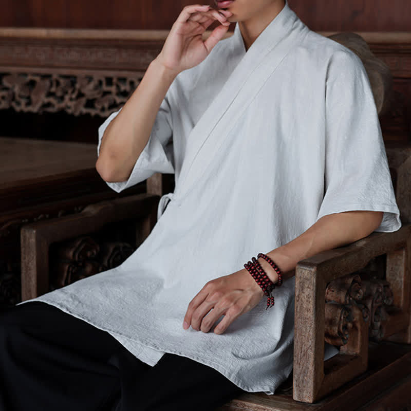 Buddha Stones Minimalistisches Kurzarmhemd im Sommer-Stil von Tang Style mit Seitenschlitz, V-Ausschnitt und Tasche für Herren. - image 31