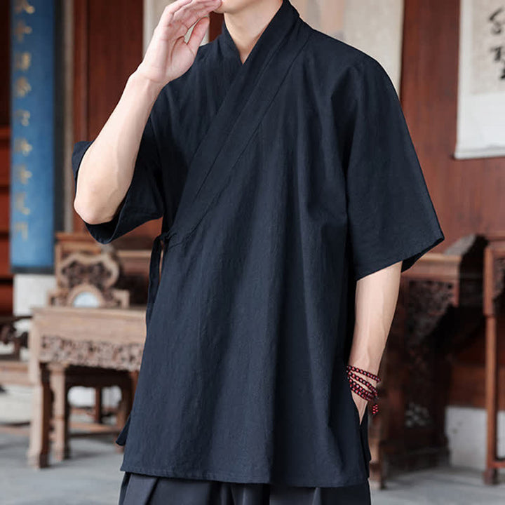 Buddha Stones Minimalistisches Kurzarmhemd im Sommer-Stil von Tang Style mit Seitenschlitz, V-Ausschnitt und Tasche für Herren. - image 13