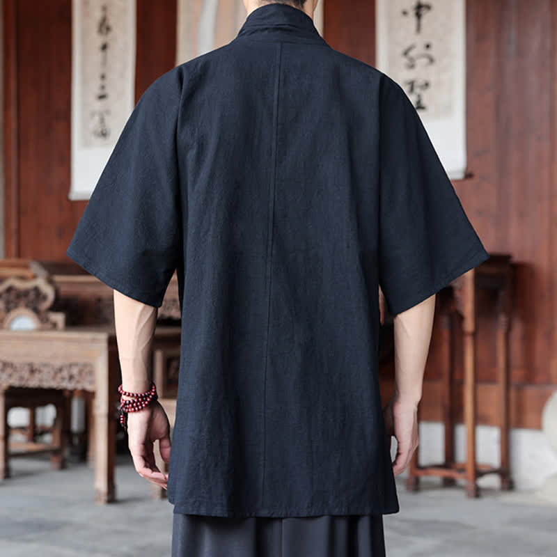 Buddha Stones Minimalistisches Kurzarmhemd im Sommer-Stil von Tang Style mit Seitenschlitz, V-Ausschnitt und Tasche für Herren. - image 12