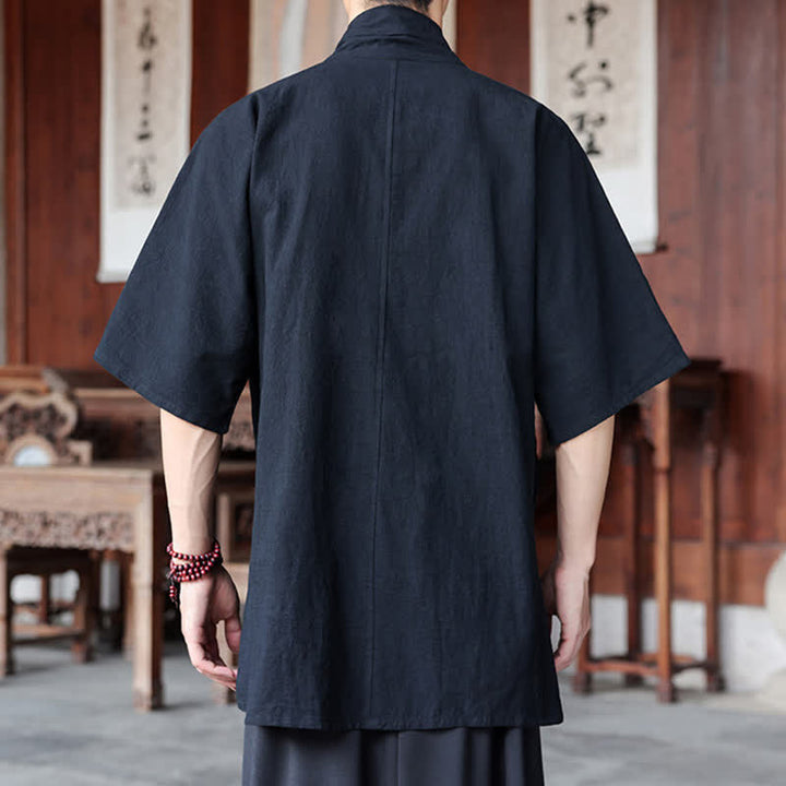 Buddha Stones Minimalistisches Kurzarmhemd im Sommer-Stil von Tang Style mit Seitenschlitz, V-Ausschnitt und Tasche für Herren. - image 12