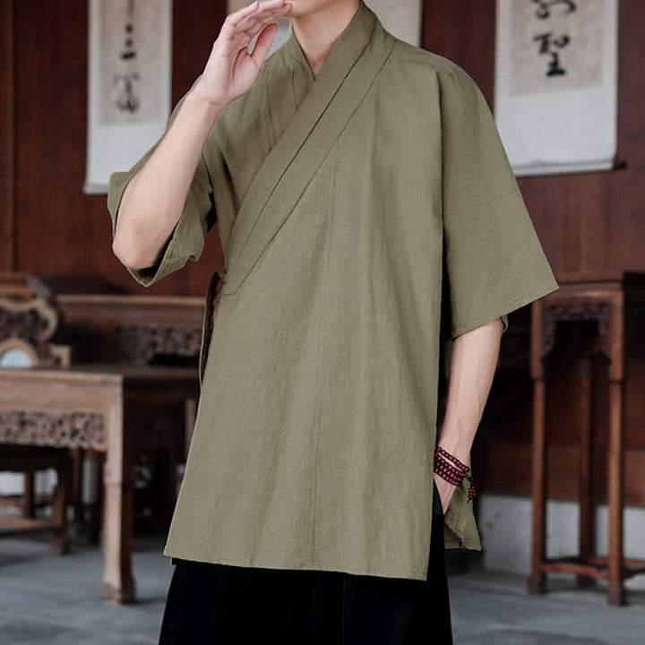 Buddha Stones Minimalistisches Kurzarmhemd im Sommer-Stil von Tang Style mit Seitenschlitz, V-Ausschnitt und Tasche für Herren. - image 22