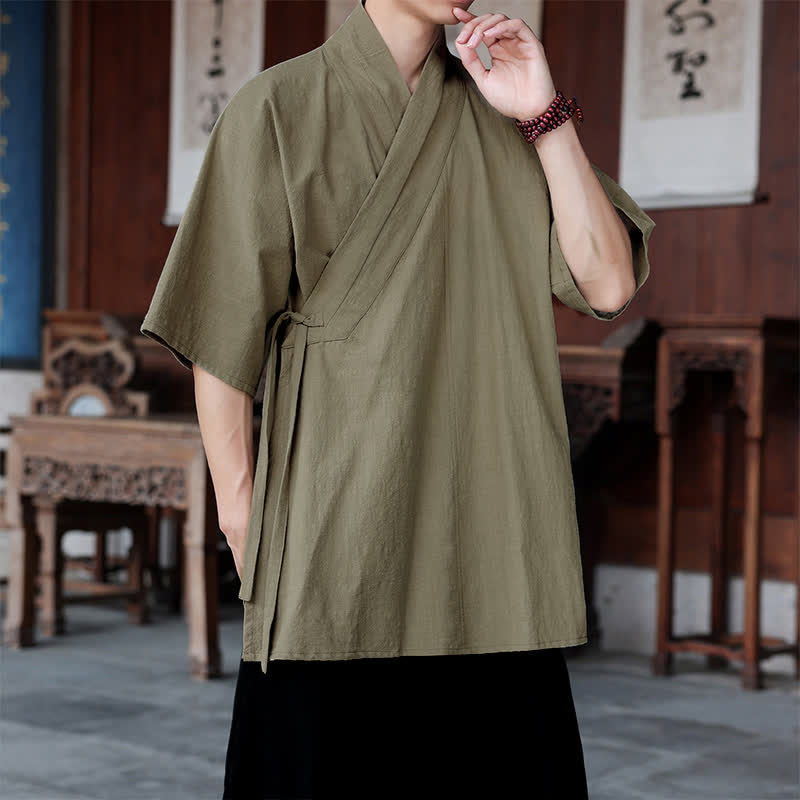 Buddha Stones Minimalistisches Kurzarmhemd im Sommer-Stil von Tang Style mit Seitenschlitz, V-Ausschnitt und Tasche für Herren. - image 21