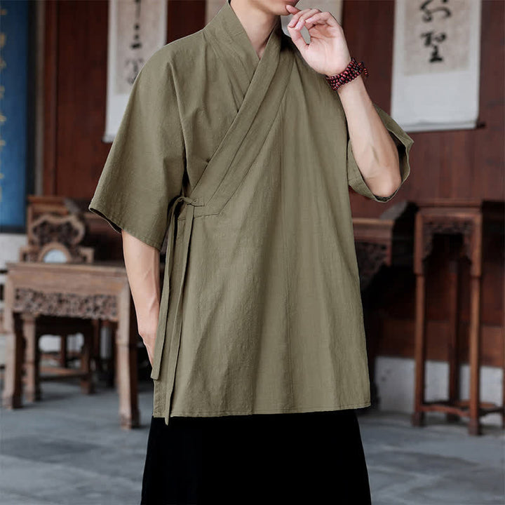 Buddha Stones Minimalistisches Kurzarmhemd im Sommer-Stil von Tang Style mit Seitenschlitz, V-Ausschnitt und Tasche für Herren. - image 21