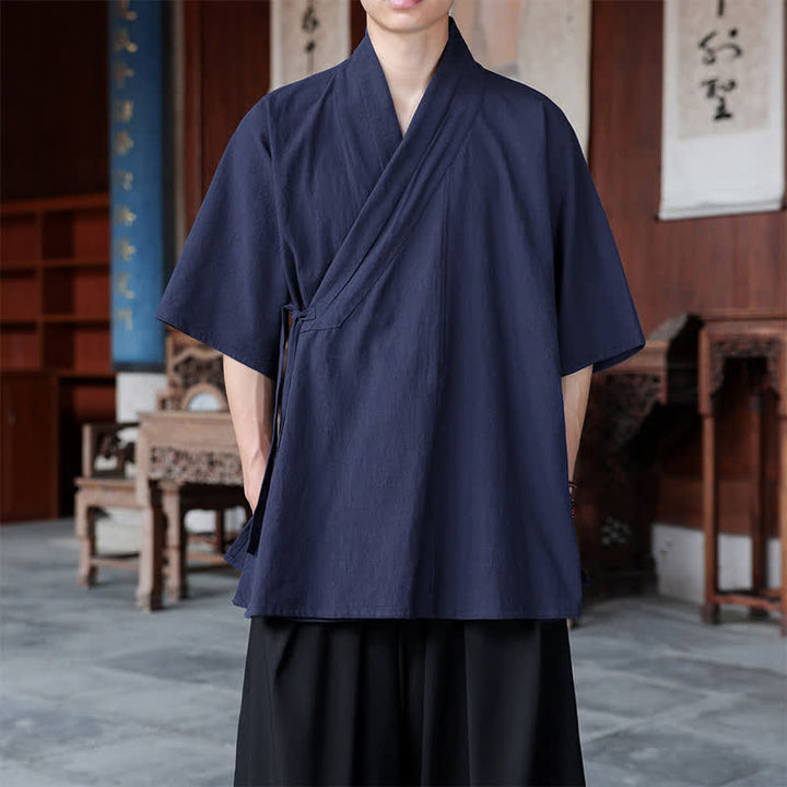 Buddha Stones Minimalistisches Kurzarmhemd im Sommer-Stil von Tang Style mit Seitenschlitz, V-Ausschnitt und Tasche für Herren. - Marine - US/UK/AU46, EU56 (5XL) - image 0