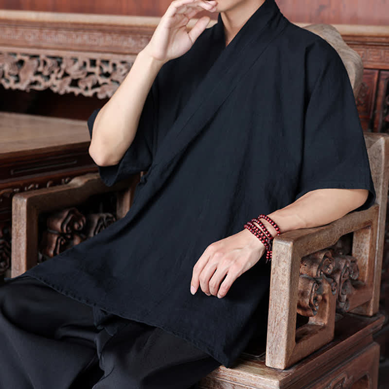 Buddha Stones Minimalistisches Kurzarmhemd im Sommer-Stil von Tang Style mit Seitenschlitz, V-Ausschnitt und Tasche für Herren. - image 15
