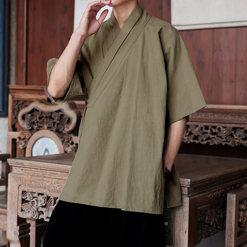 Buddha Stones Minimalistisches Kurzarmhemd im Sommer-Stil von Tang Style mit Seitenschlitz, V-Ausschnitt und Tasche für Herren. - image 19