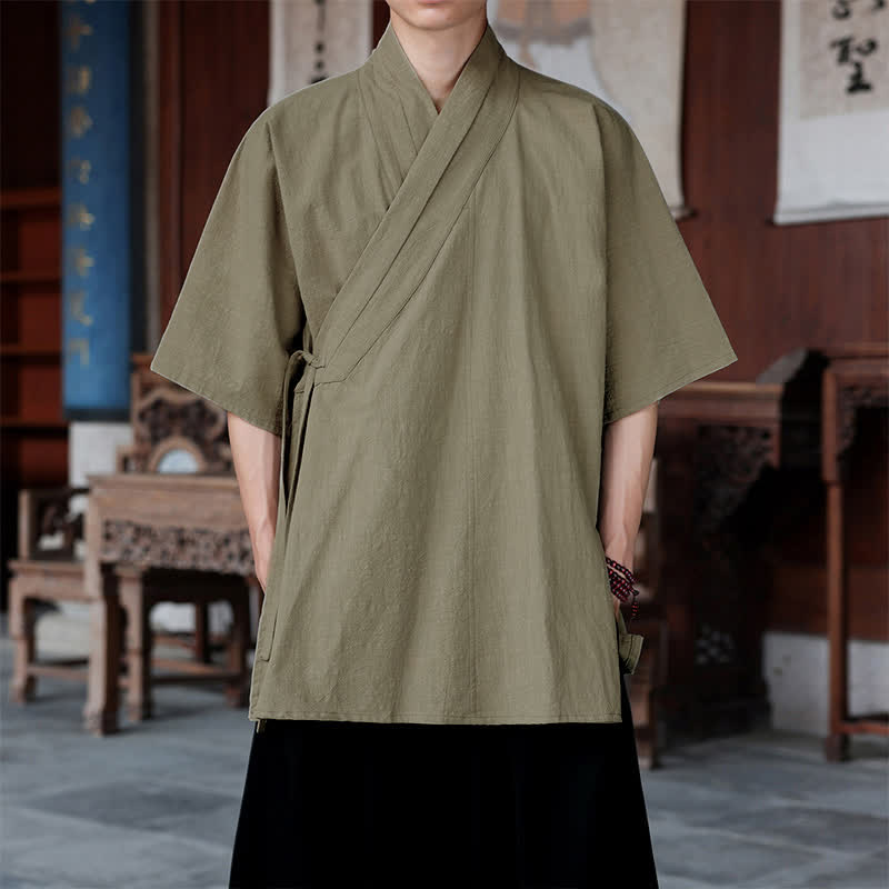 Buddha Stones Minimalistisches Kurzarmhemd im Sommer-Stil von Tang Style mit Seitenschlitz, V-Ausschnitt und Tasche für Herren. - Bräunen - US/UK/AU46, EU56 (5XL) - image 16