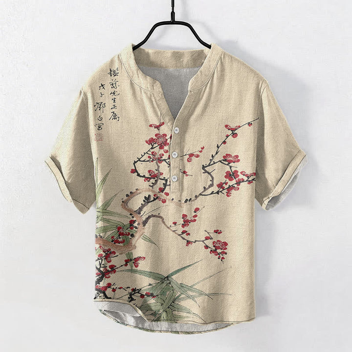 Buddha Stones Kurzarmhemd aus Baumwolle mit Pflaumenblüten- und Bambusmuster, Herren, halb geknöpft - Leinen - US/ UK/AU50, EU60 (5XL) - image 5