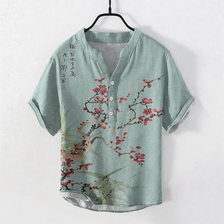 Buddha Stones Kurzarmhemd aus Baumwolle mit Pflaumenblüten- und Bambusmuster, Herren, halb geknöpft - Türkis - US/ UK/AU50, EU60 (5XL) - image 7
