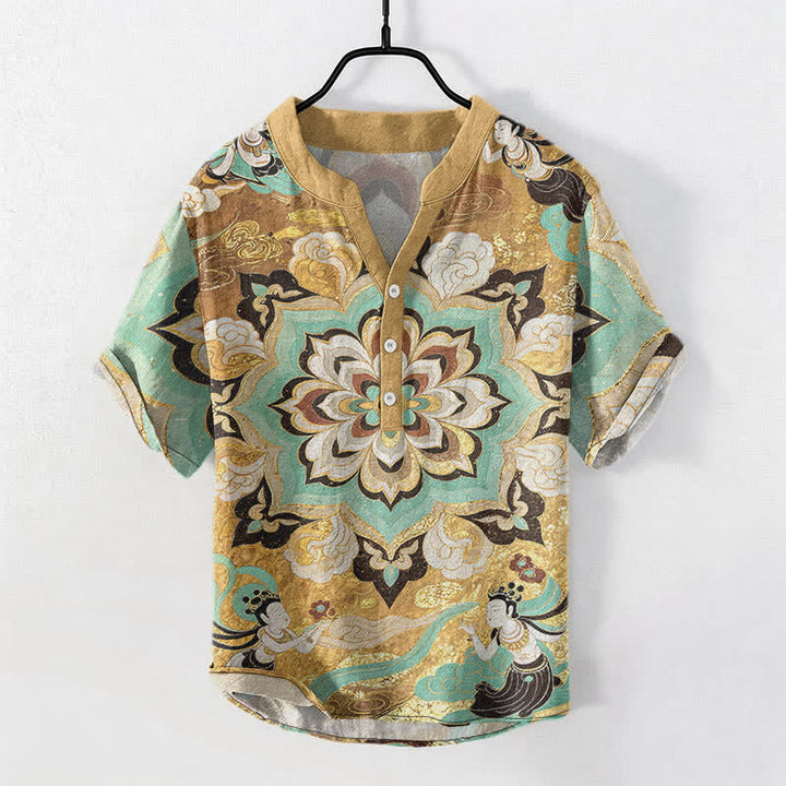 Buddha Stones Kurzarmhemd aus Baumwolle mit Mandala-Lotusmuster für Herren, halbknöpfig, Kurzarm, halb geknöpft - Gold - US/ UK/AU50, EU60 (5XL) - image 0