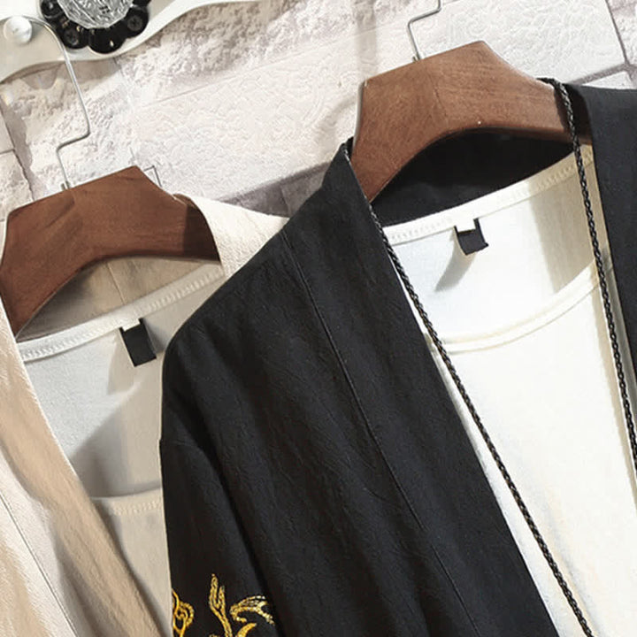 Buddha Stones Lässiger Kimono im Vintage-Stil mit Kranichstickerei für Herren, ellbogenlang, für Frühling und Sommer - image 37