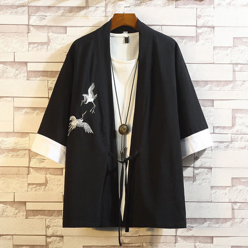 Buddha Stones Lässiger Kimono im Vintage-Stil mit Kranichstickerei für Herren, ellbogenlang, für Frühling und Sommer - Schwarzer Weißer Kranich - US/UK/AU46, EU56 (5XL) - image 17