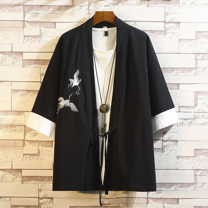 Buddha Stones Lässiger Kimono im Vintage-Stil mit Kranichstickerei für Herren, ellbogenlang, für Frühling und Sommer - Schwarzer Weißer Kranich - US/UK/AU46, EU56 (5XL) - image 17