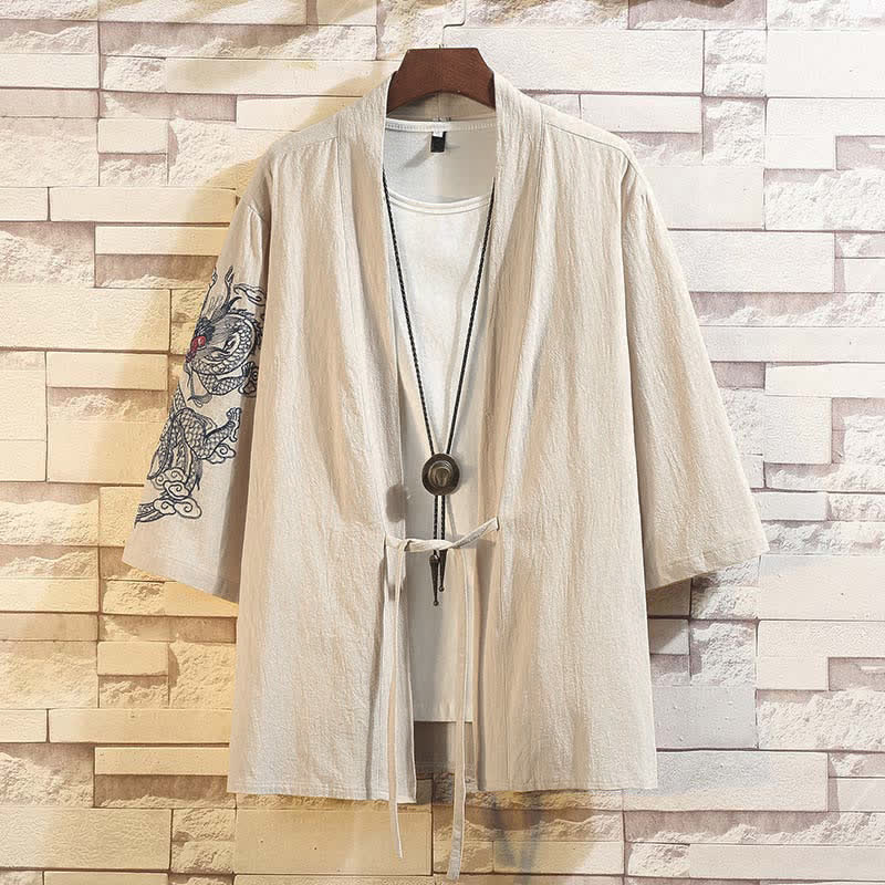 Buddha Stones Lässiger Kimono im Vintage-Stil mit Kranichstickerei für Herren, ellbogenlang, für Frühling und Sommer - Beige Dragon - US/UK/AU46, EU56 (5XL) - image 19