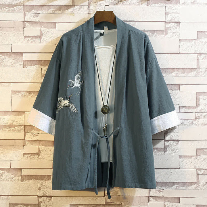 Buddha Stones Lässiger Kimono im Vintage-Stil mit Kranichstickerei für Herren, ellbogenlang, für Frühling und Sommer - Kadettenblau Weißer Kranich - US/UK/AU46, EU56 (5XL) - image 0