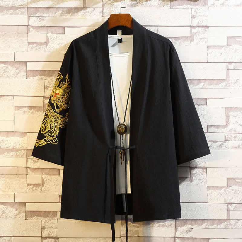 Buddha Stones Lässiger Kimono im Vintage-Stil mit Kranichstickerei für Herren, ellbogenlang, für Frühling und Sommer - Schwarzer Drache - US/UK/AU46, EU56 (5XL) - image 15