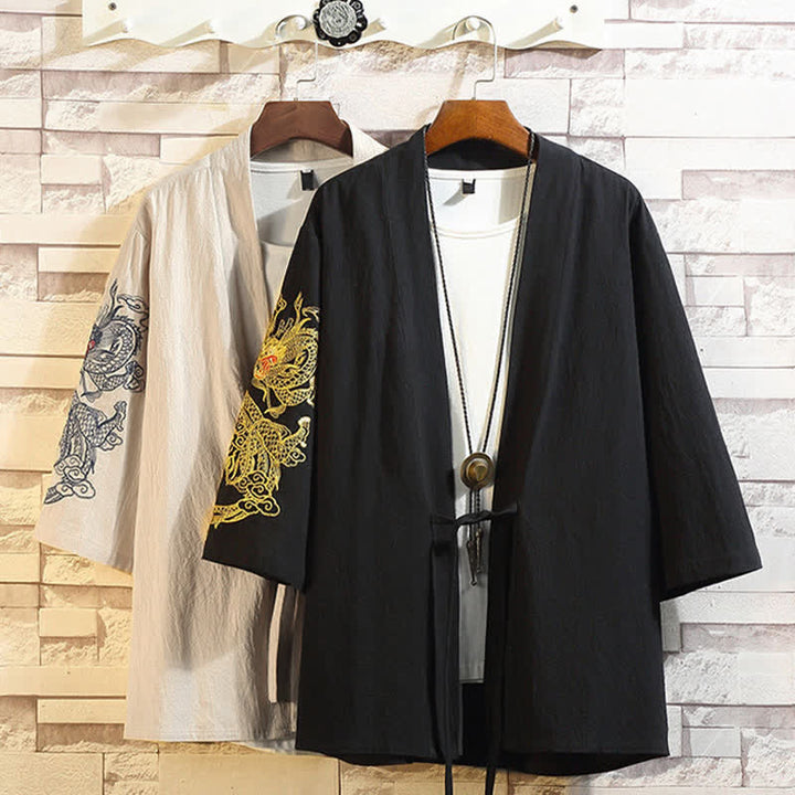 Buddha Stones Lässiger Kimono im Vintage-Stil mit Kranichstickerei für Herren, ellbogenlang, für Frühling und Sommer - image 32