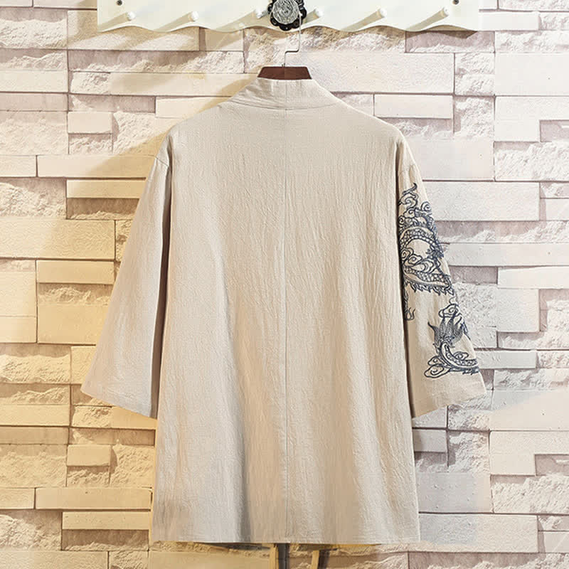 Buddha Stones Lässiger Kimono im Vintage-Stil mit Kranichstickerei für Herren, ellbogenlang, für Frühling und Sommer - image 20