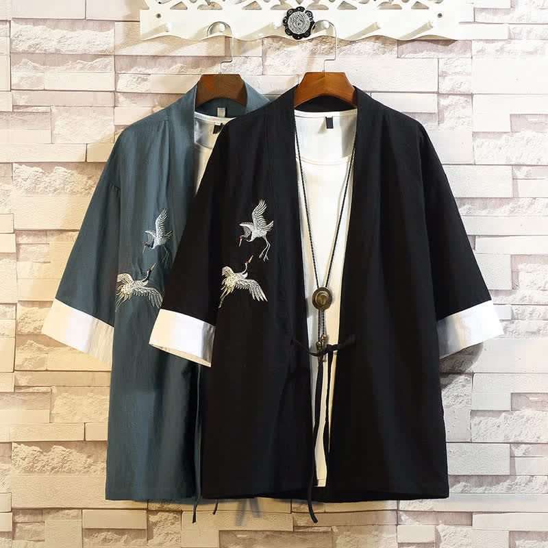 Buddha Stones Lässiger Kimono im Vintage-Stil mit Kranichstickerei für Herren, ellbogenlang, für Frühling und Sommer - image 35