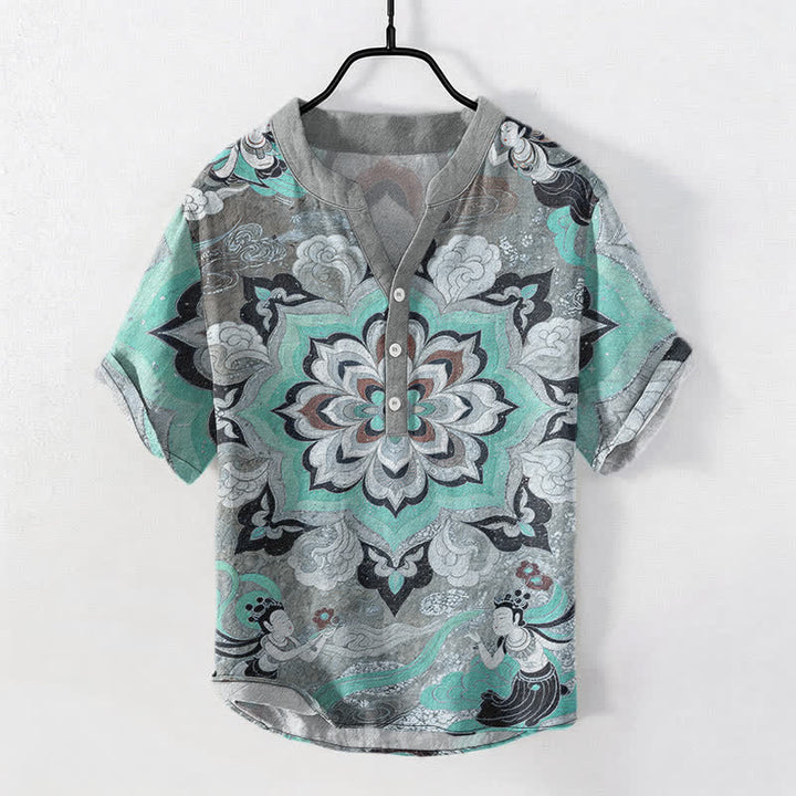 Buddha Stones Kurzarmhemd aus Baumwolle mit Mandala-Lotusmuster für Herren, halbknöpfig, Kurzarm, halb geknöpft - Türkis - US/ UK/AU50, EU60 (5XL) - image 5