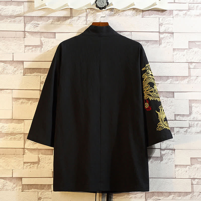 Buddha Stones Lässiger Kimono im Vintage-Stil mit Kranichstickerei für Herren, ellbogenlang, für Frühling und Sommer - image 16