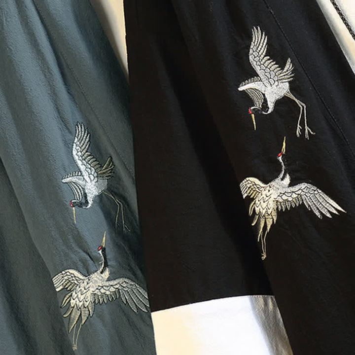 Buddha Stones Lässiger Kimono im Vintage-Stil mit Kranichstickerei für Herren, ellbogenlang, für Frühling und Sommer - image 38