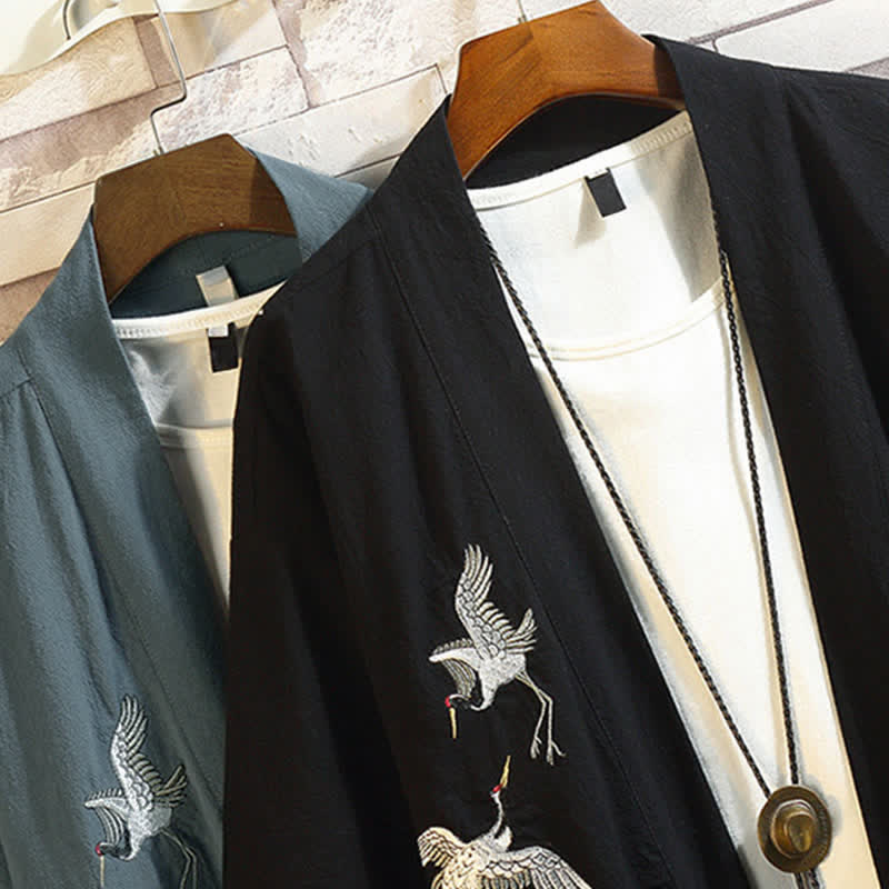 Buddha Stones Lässiger Kimono im Vintage-Stil mit Kranichstickerei für Herren, ellbogenlang, für Frühling und Sommer - image 36