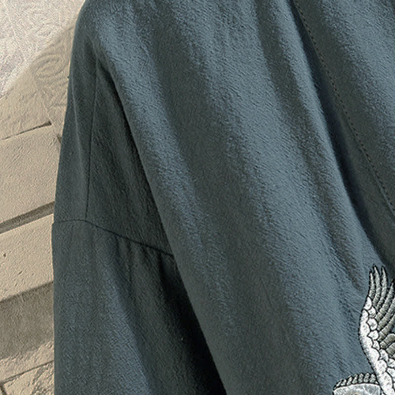 Buddha Stones Lässiger Kimono im Vintage-Stil mit Kranichstickerei für Herren, ellbogenlang, für Frühling und Sommer - image 4