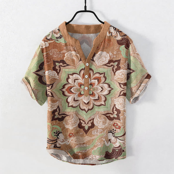 Buddha Stones Kurzarmhemd aus Baumwolle mit Mandala-Lotusmuster für Herren, halbknöpfig, Kurzarm, halb geknöpft - BurlyWood - US/ UK/AU50, EU60 (5XL) - image 7