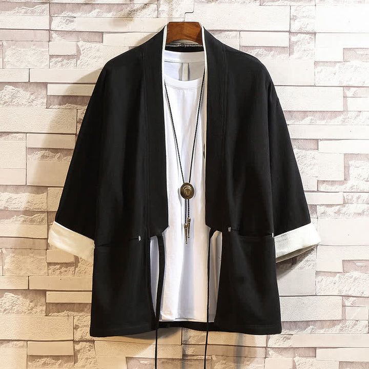 Buddha Stones Lässiger, minimalistischer Kimono für Herren mit Dreiviertelärmeln und Taschen für Frühling und Sommer - Schwarz - US/UK/AU46, EU56 (5XL) - image 3