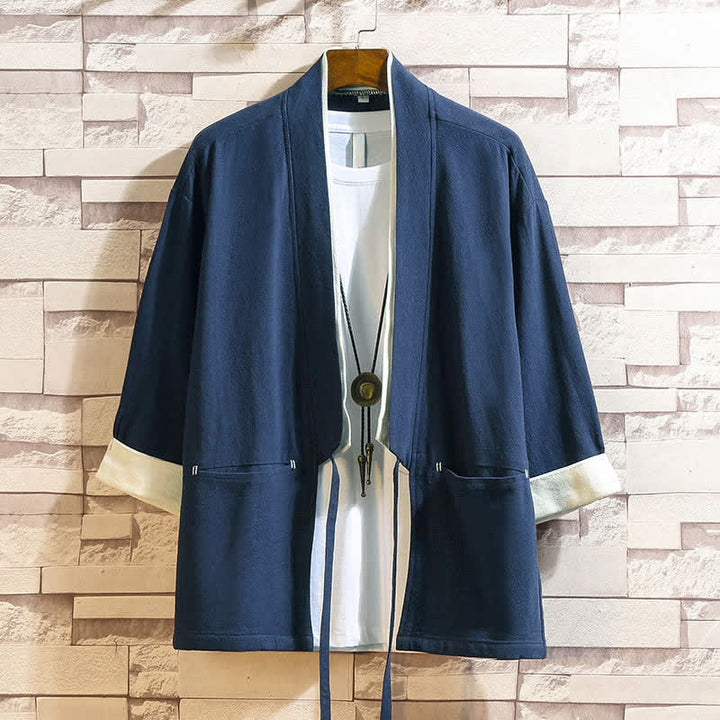 Buddha Stones Lässiger, minimalistischer Kimono für Herren mit Dreiviertelärmeln und Taschen für Frühling und Sommer - SteelBlue - US/UK/AU46, EU56 (5XL) - image 0