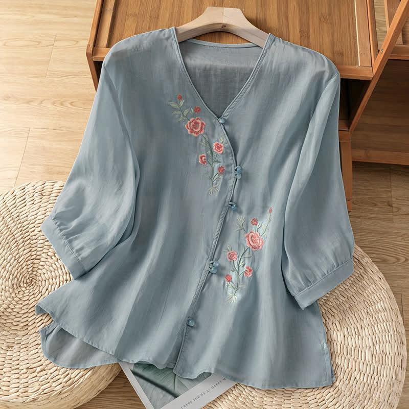 Buddha Stones Sommerliche Damenblusen im Vintage-Stil mit floraler Stickerei und Ellbogenlänge von Tang Style - Hellblau - US8-10, UK/AU12-14, EU40-42 (2XL) - image 0