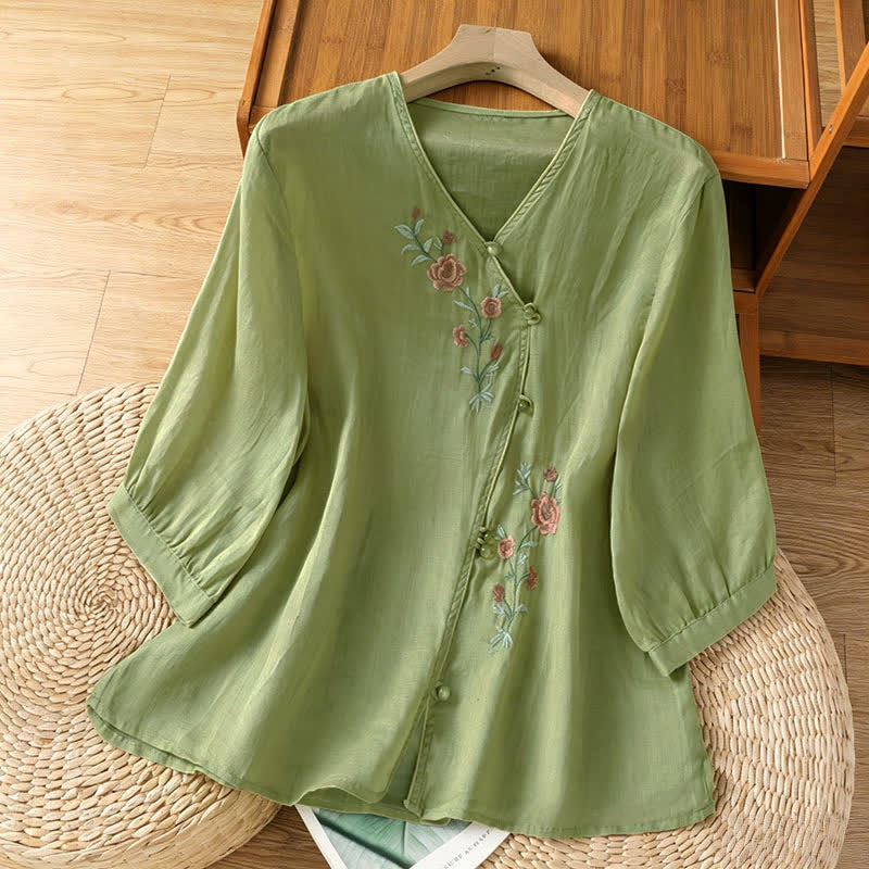 Buddha Stones Sommerliche Damenblusen im Vintage-Stil mit floraler Stickerei und Ellbogenlänge von Tang Style - Dunkelmeergrün - US8-10, UK/AU12-14, EU40-42 (2XL) - image 3